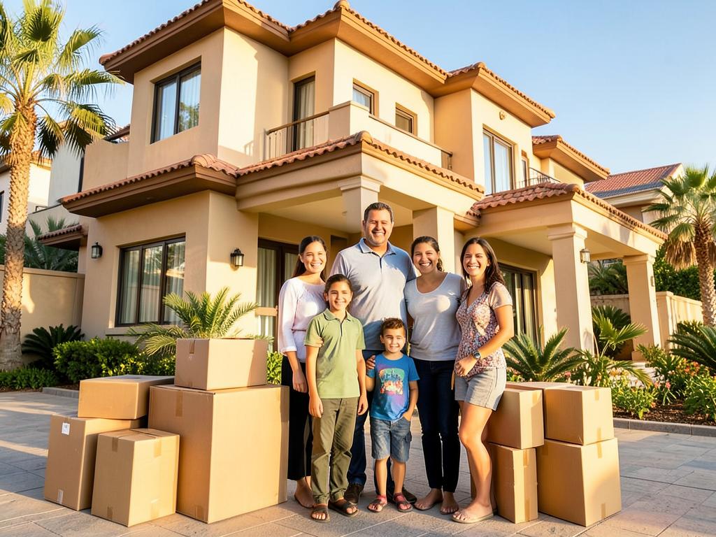 Happy family in front of their new home in Oman