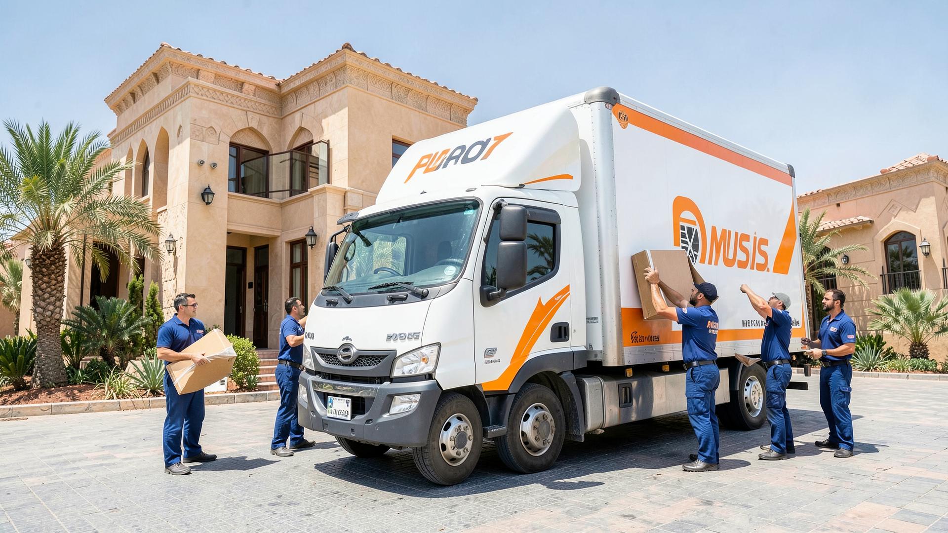 Excellent Moving Service truck loading furniture outside a villa in Muscat