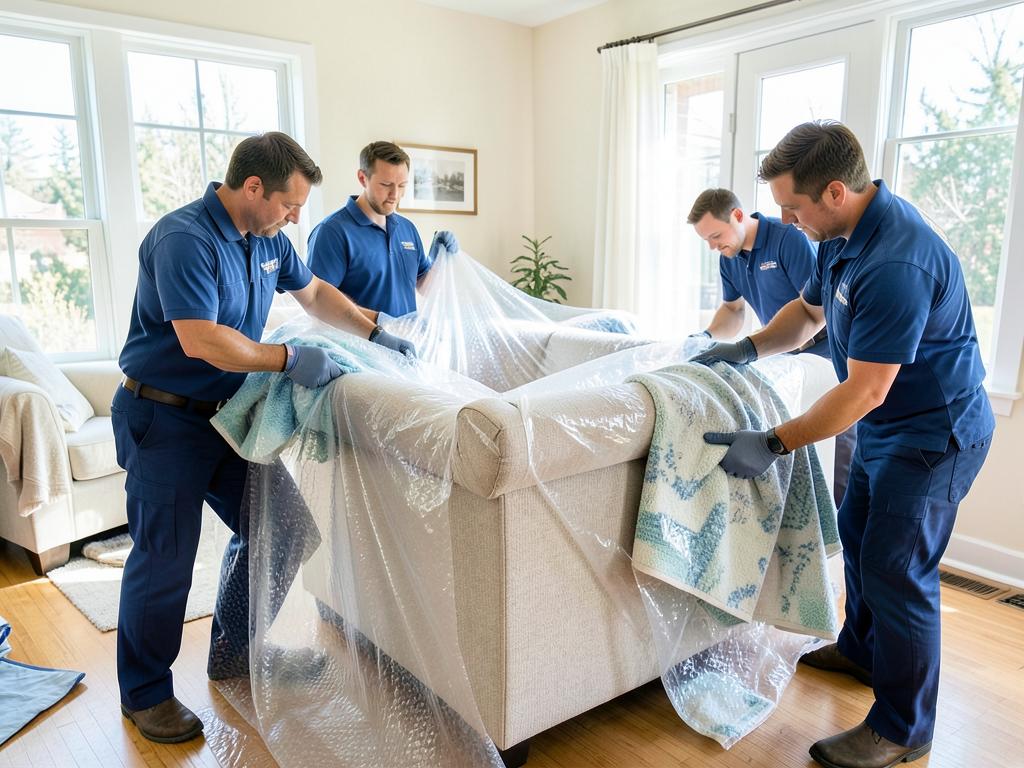 Professional packers wrapping furniture with protective materials